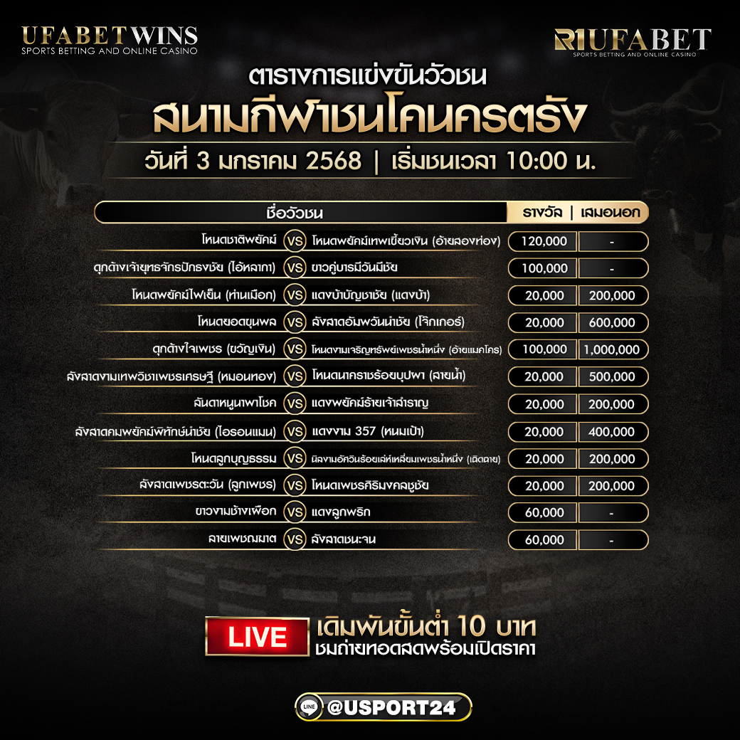 โปรแกรมวัวชน ประจำวันที่ 3 มกราคม 2568 สนามกีฬาชนโคครตรัง