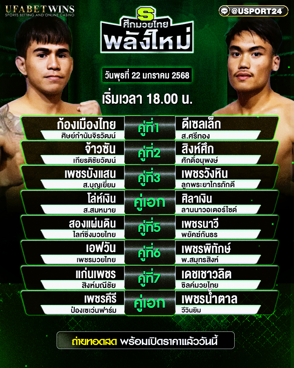 โปรแกรมมวย ประจำวันที่ 22 มกราคม 2568 ศึกมวยไทยพลังใหม่
