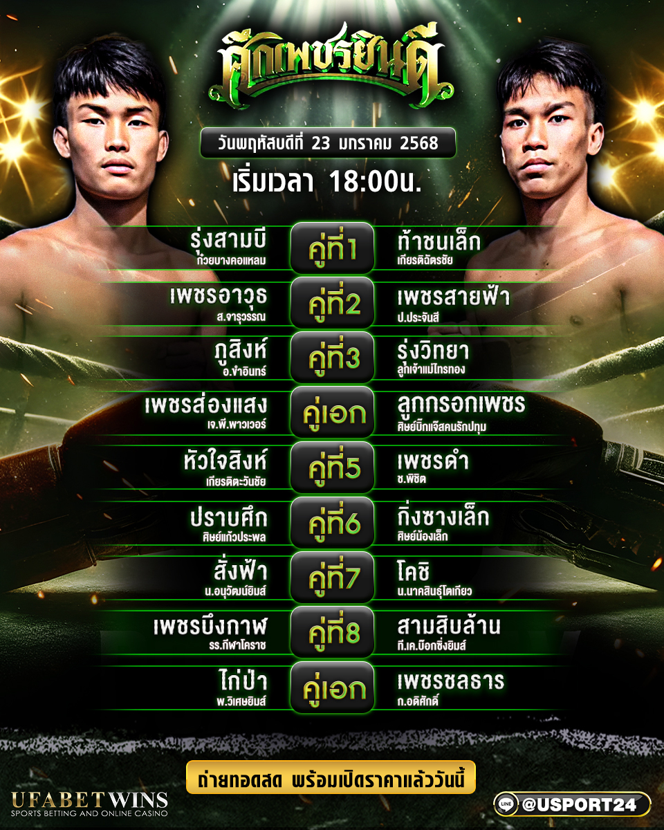 โปรแกรมมวย ประจำวันที่ 23 มกราคม 2568 ศึกเพชรยินดี