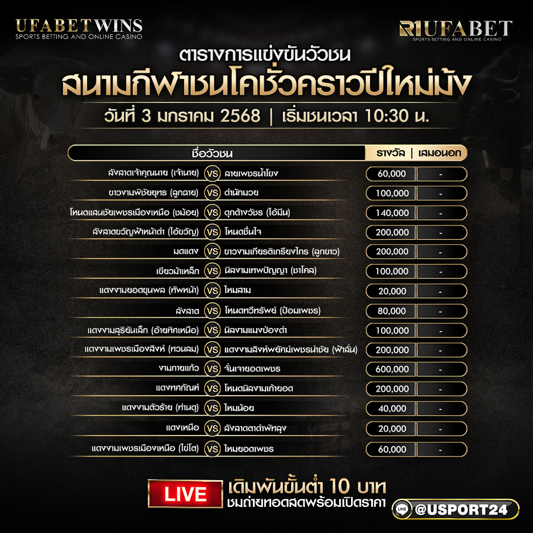 โปรแกรมวัวชน ประจำวันที่ 3 มกราคม 2568 สนามชนโคชั่วคราวปีใหม่ม้ง