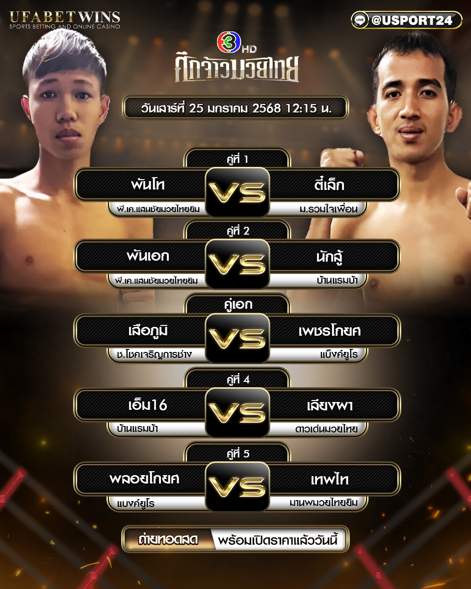 โปรแกรมมวย ประจำวันที่ 25 มกราคม 2568 ศึกจ้าวมวยไทย
