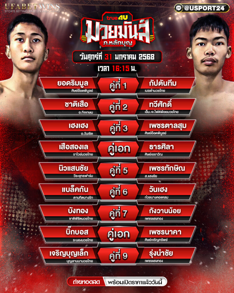 โปรแกรมมวย ประจำวันที่ 31 มกราคม 2568 ศึกมวยมันส์วันศุกร์