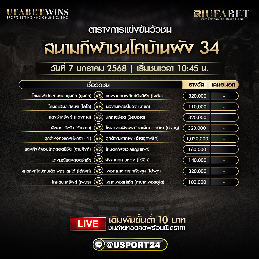โปรแกรมวัวชน ประจำวันที่ 7 มกราคม 2568 สนามกีฬาชนโคบ้านผัง 34