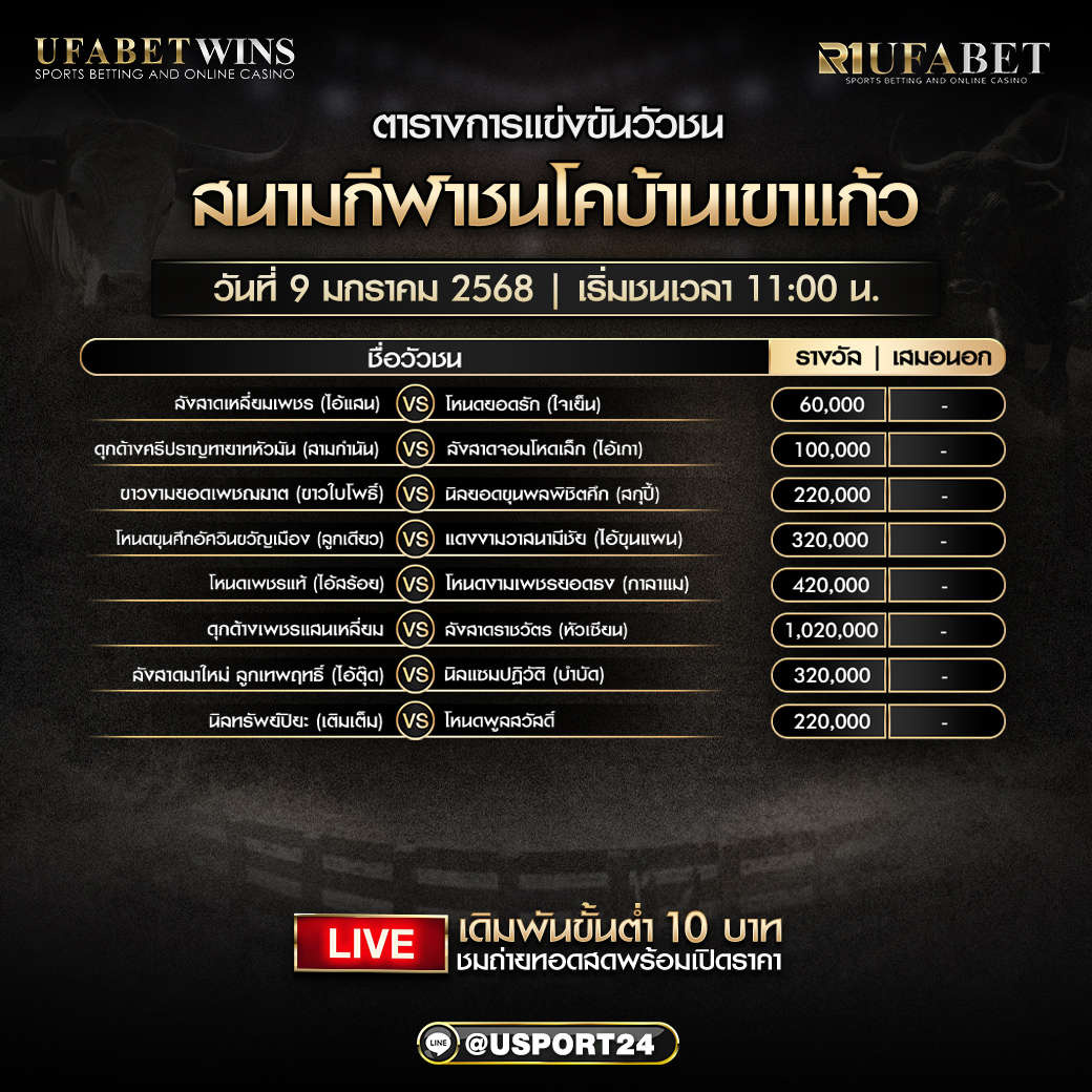 โปรแกรมวัวชน ประจำวันที่ 9 มกราคม 2568 สนามกีฬาชนโคบ้านเขาแก้ว