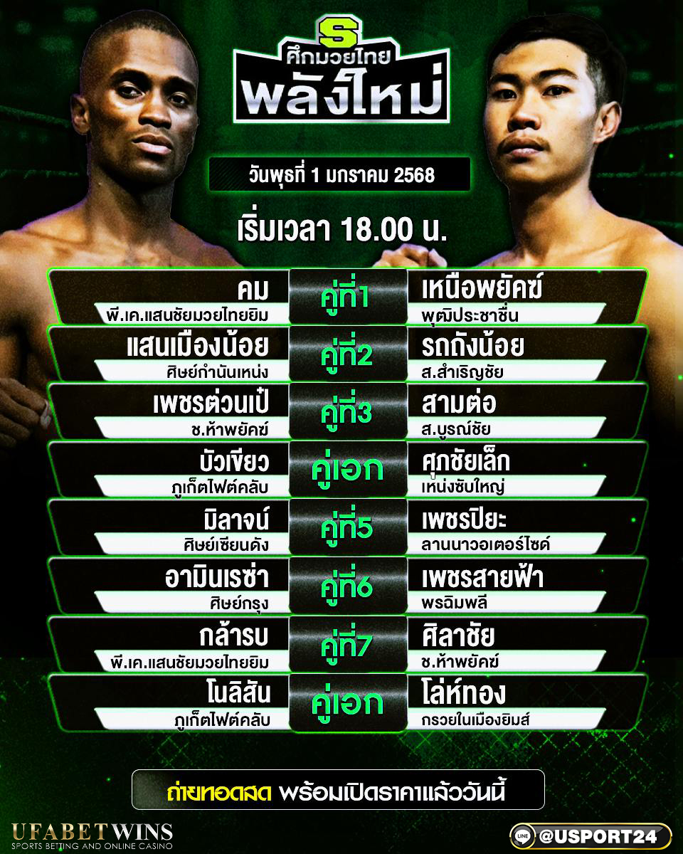 โปรแกรมมวย ประจำวันที่ 1 มกราคม 2568 ศึกมวยไทยพลังใหม่
