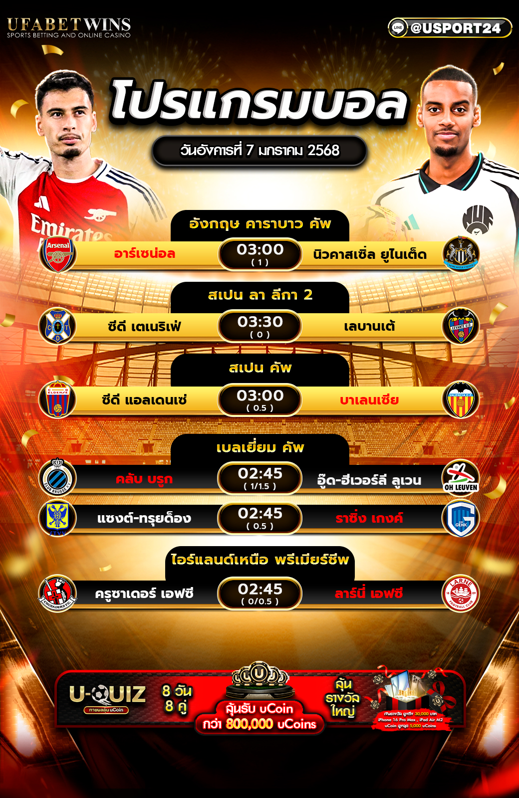 โปรแกรมบอล เเละทีเด็ดฟุตบอล ประจำวันที่ 7 มกราคม 2568