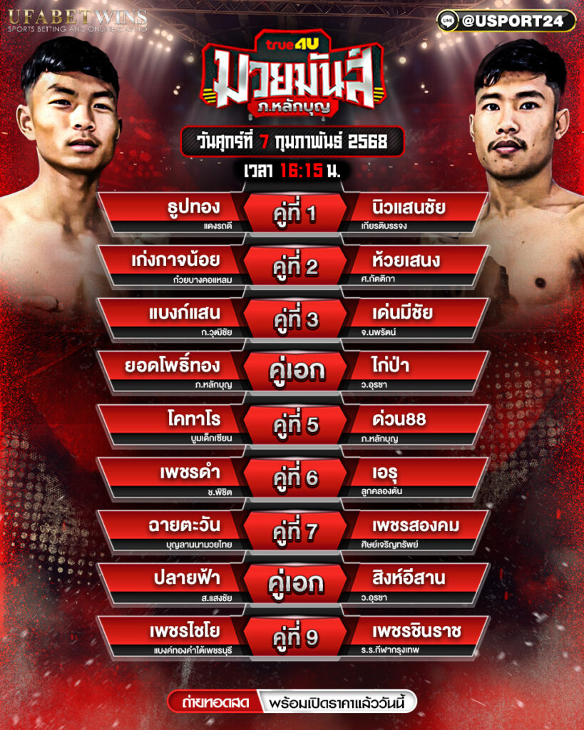 โปรแกรมมวย ประจำวันที่ 7 กุมภาพันธ์ 2568 ศึกมวยมันส์วันศุกร์