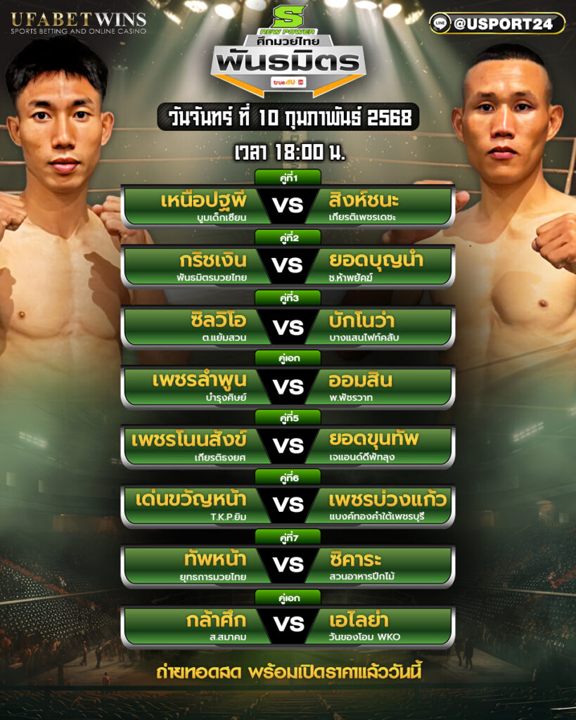 โปรแกรมมวย ประจำวันที่ 10 กุมภาพันธ์ 2568 ศึกมวยไทยพันธมิตร