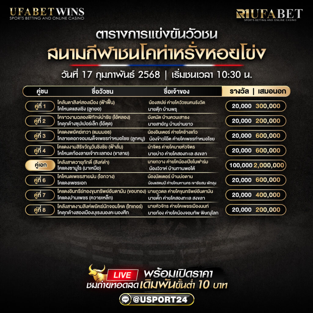 โปรแกรมวัวชน ประจำวันที่ 17/02/2568 สนามกีฬาชนโคท่าหรั่งหอยโข่ง