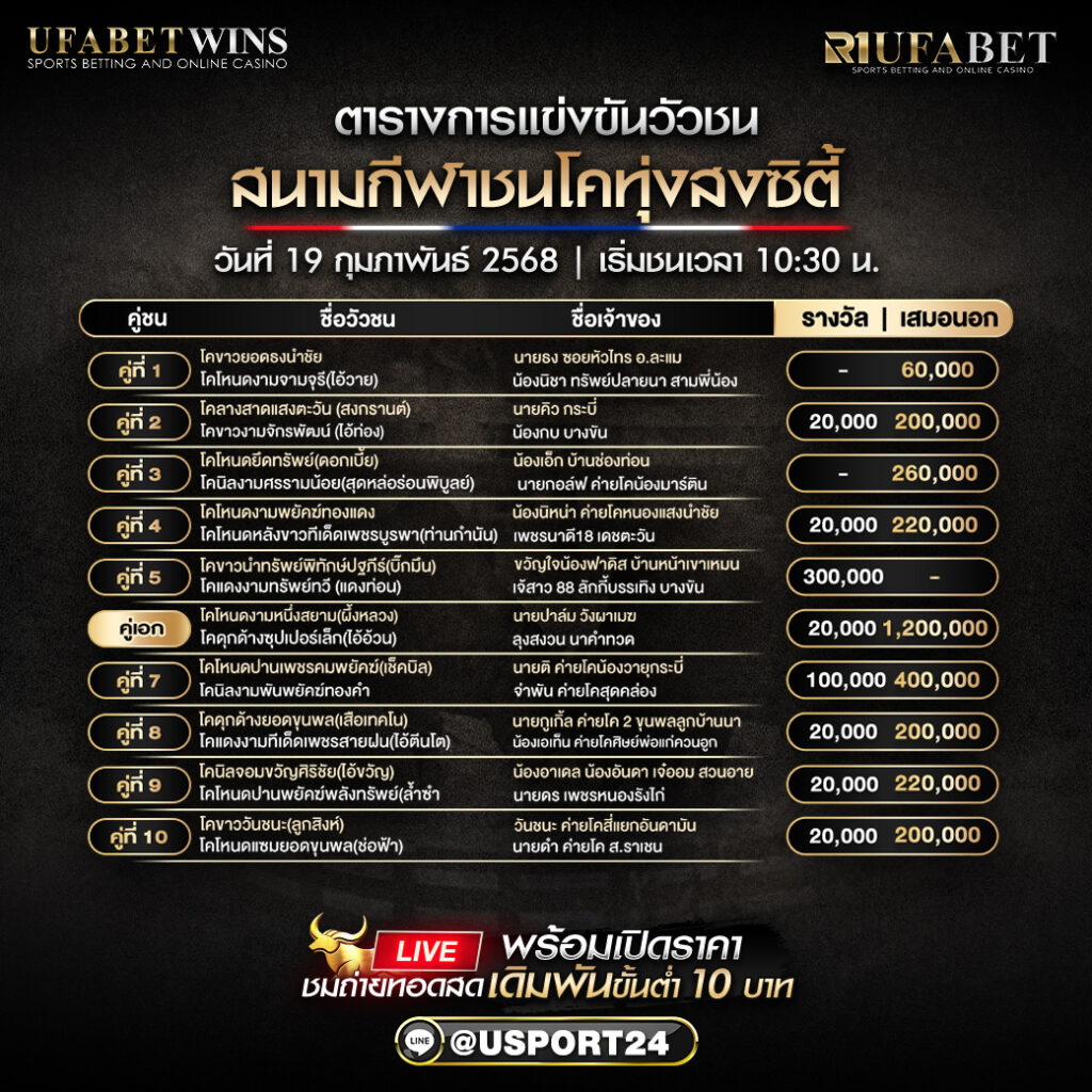 โปรแกรมวัวชน ประจำวันที่ 19/02/2568 สนามกีฬาชนโคทุ่งสงซิตี้ 