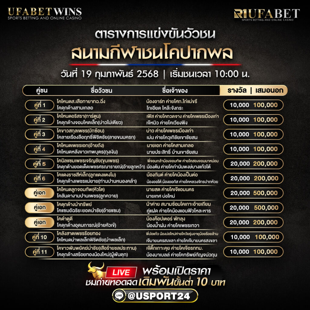 โปรแกรมวัวชน ประจำวันที่ 19/02/2568 สนามกีฬาชนโคปากพล 
