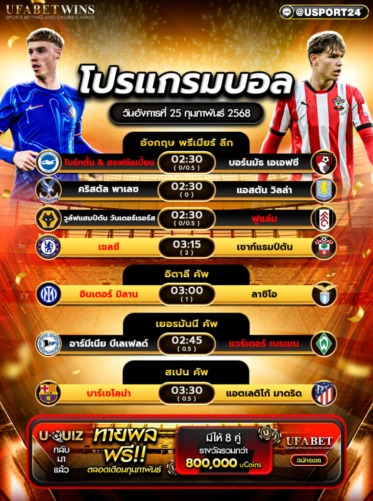 โปรแกรมบอล เเละทีเด็ดฟุตบอล ประจำวันที่ 25 กุมภาพันธ์ 2568