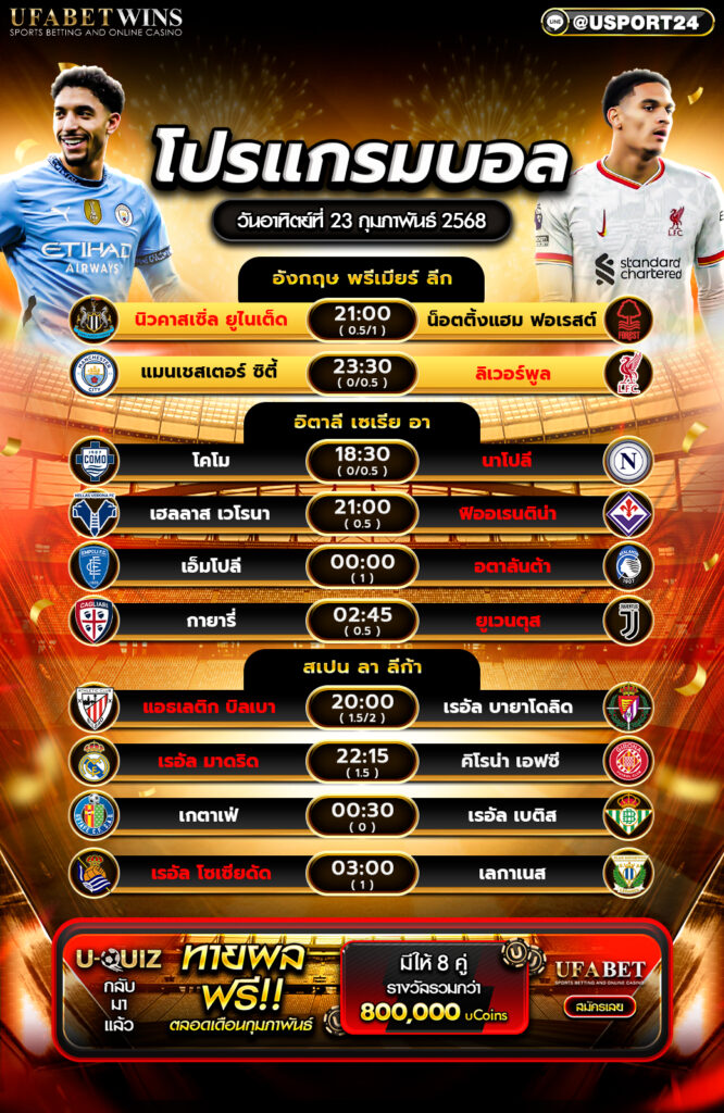 โปรแกรมบอล เเละทีเด็ดฟุตบอล ประจำวันที่ 23 กุมภาพันธ์ 2568