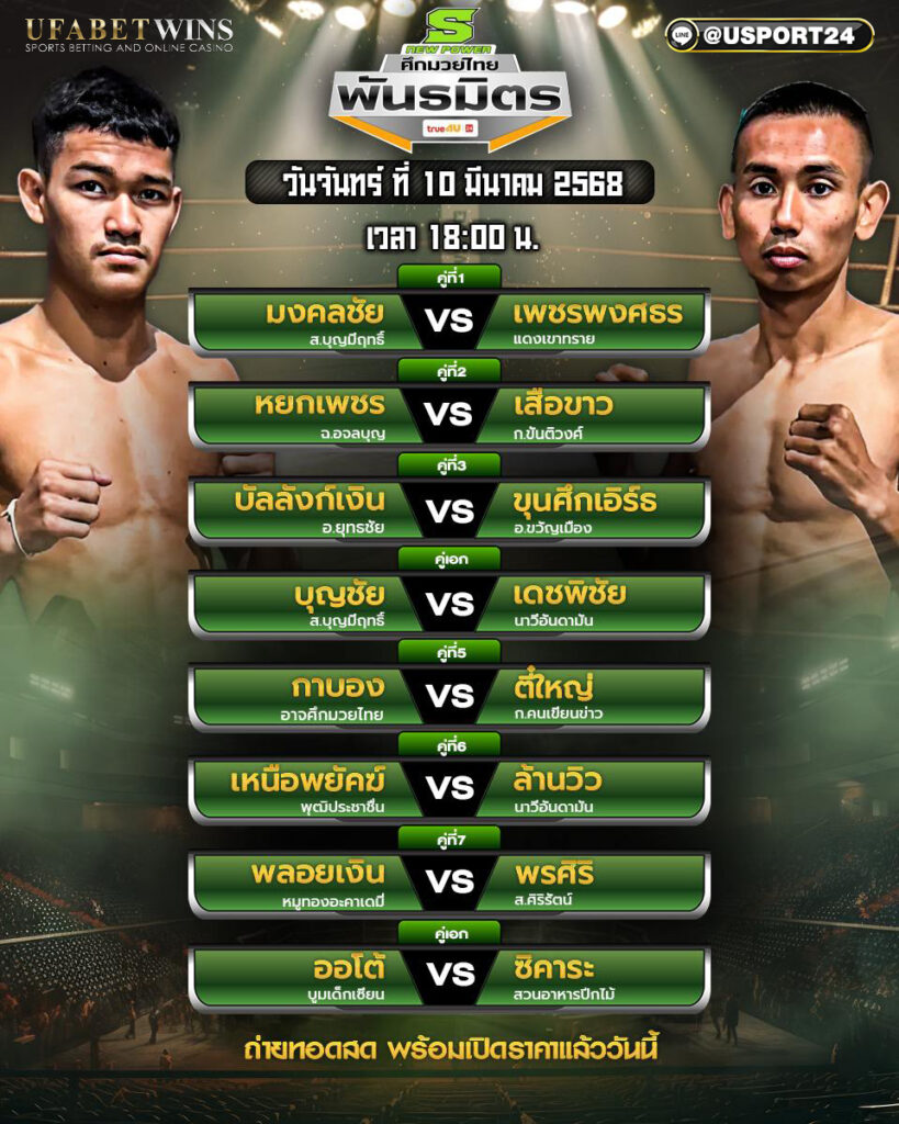 โปรแกรมมวย ประจำวันที่ 10 มีนาคม 2568 ศึกมวยไทยพันธมิตร