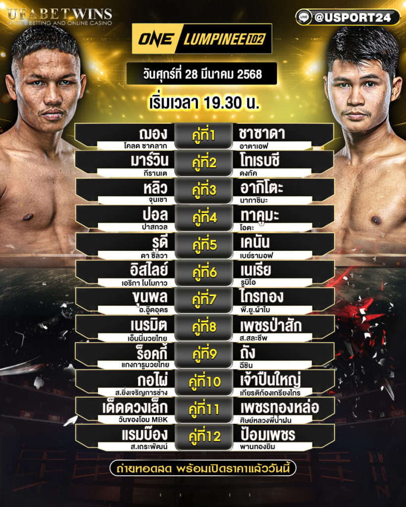 โปรแกรมมวย ประจำวันที่ 28 มีนาคม 2568 ศึกวันแชมเปียนชิพลุมพินี