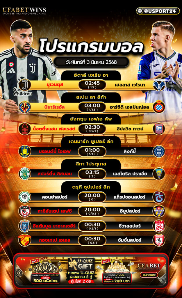 โปรแกรมบอลเเละทีเด็ดฟุตบอล ประจำวันที่ 3 มีนาคม 2568