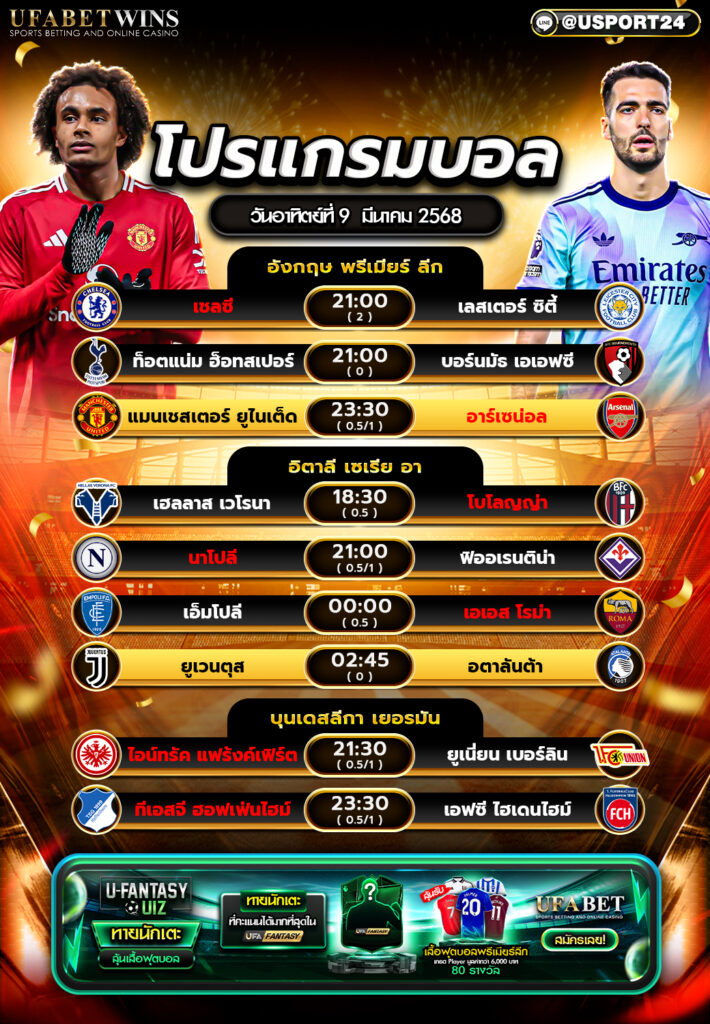 โปรแกรมบอลเเละทีเด็ดฟุตบอล ประจำวันที่ 9 มีนาคม 2568