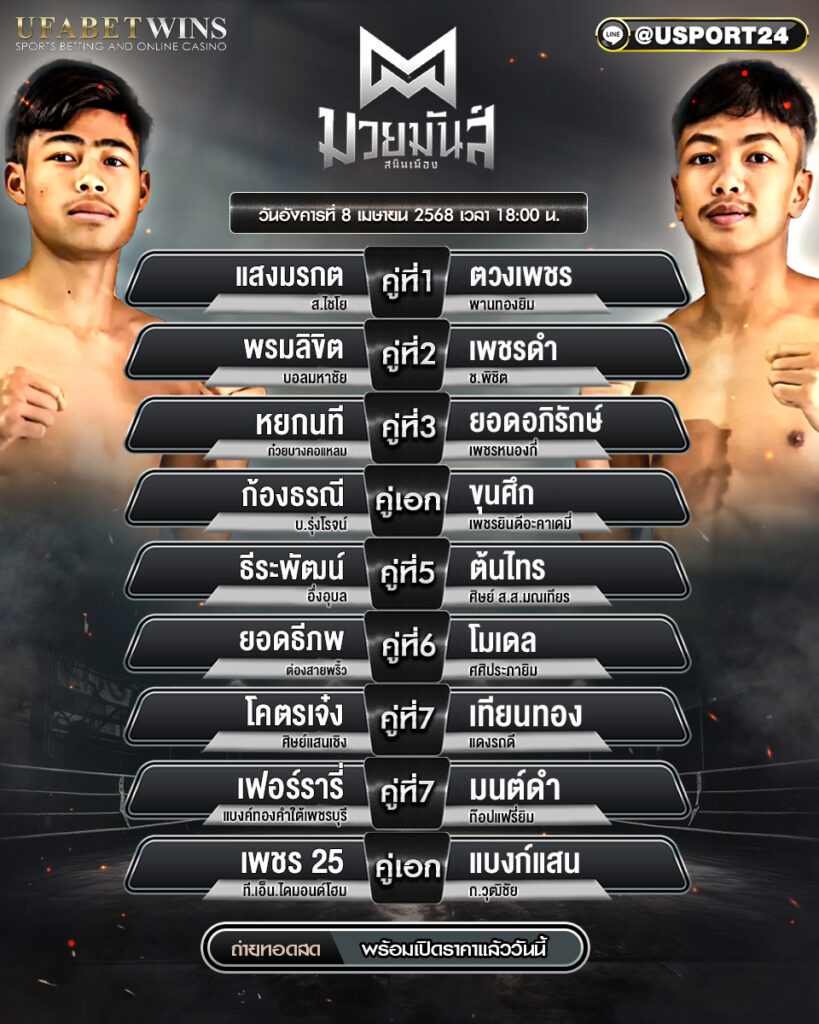 โปรแกรมมวย ประจำวันที่ 8 เมษายน 2568 ศึกมวยมันส์สนั่นเมือง