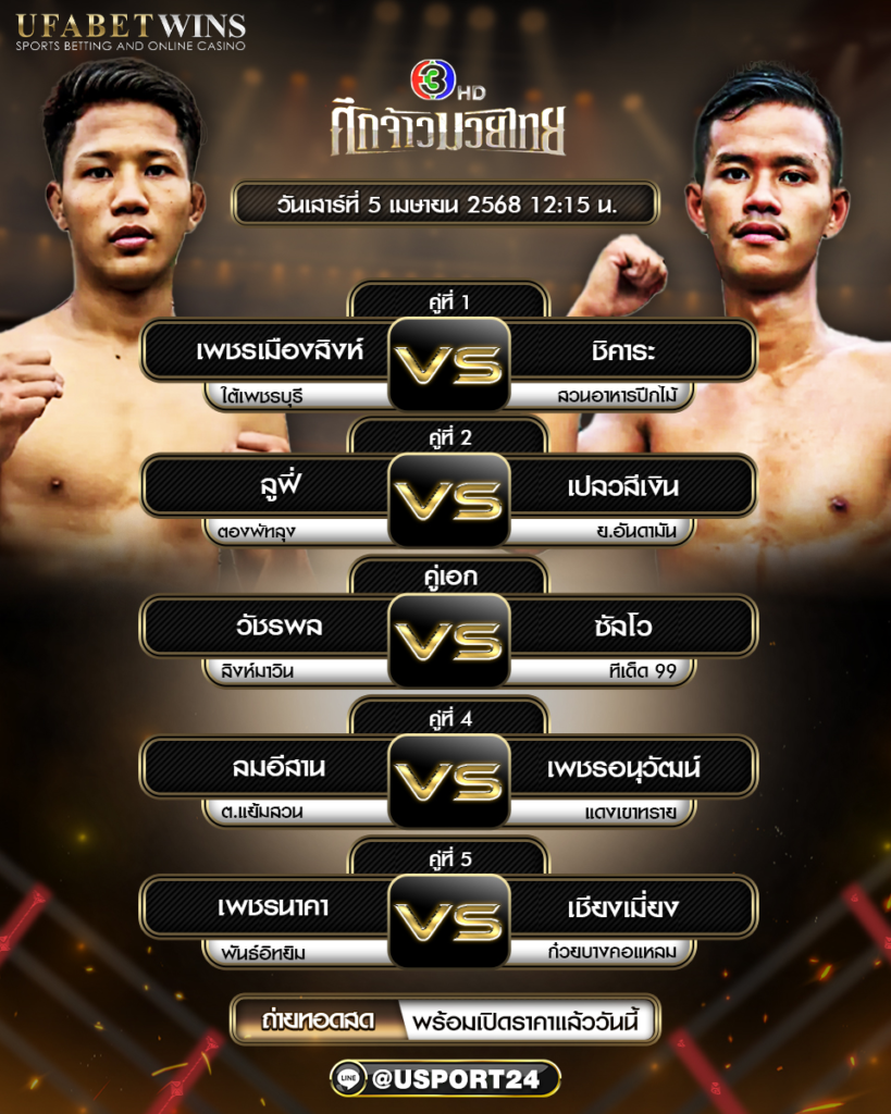 โปรแกรมมวย ประจำวันที่ 5 เมษายน 2568 ศึกจ้าวมวยไทย