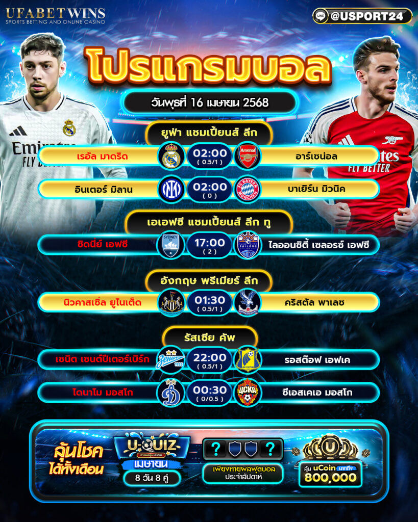 โปรแกรมบอล เเละทีเด็ดฟุตบอล ประจำวันที่ 16 เมษายน 2568