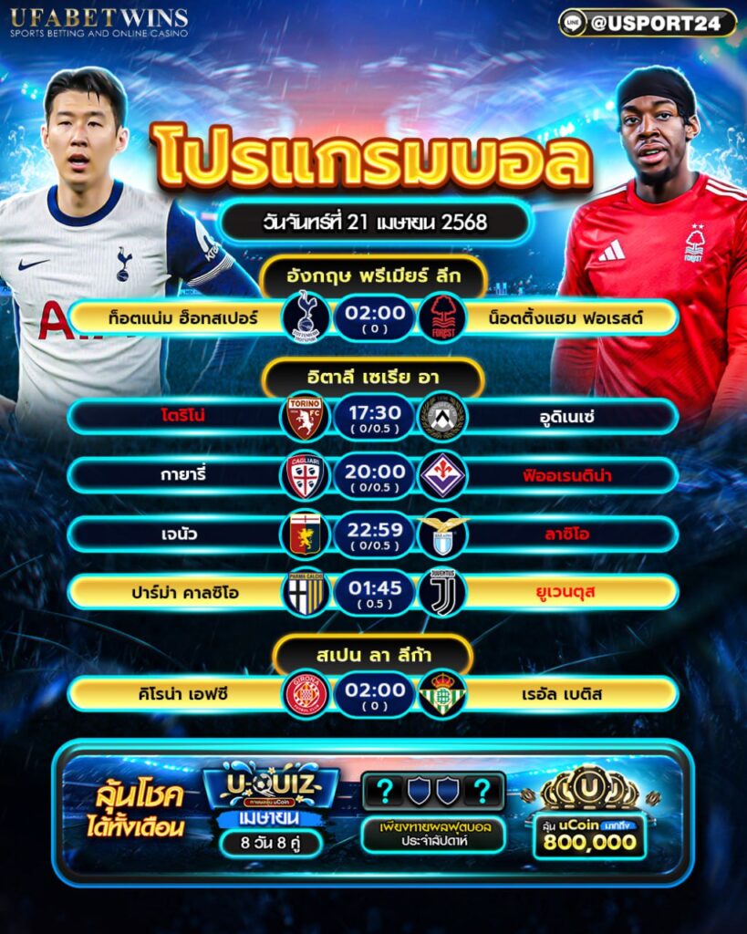 โปรแกรมบอล เเละทีเด็ดฟุตบอล ประจำวันที่ 21 เมษายน 2568