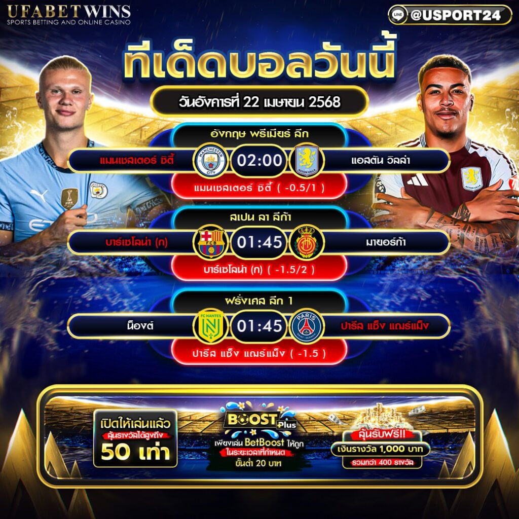 โปรแกรมบอล เเละทีเด็ดฟุตบอล ประจำวันที่ 22 เมษายน 2568