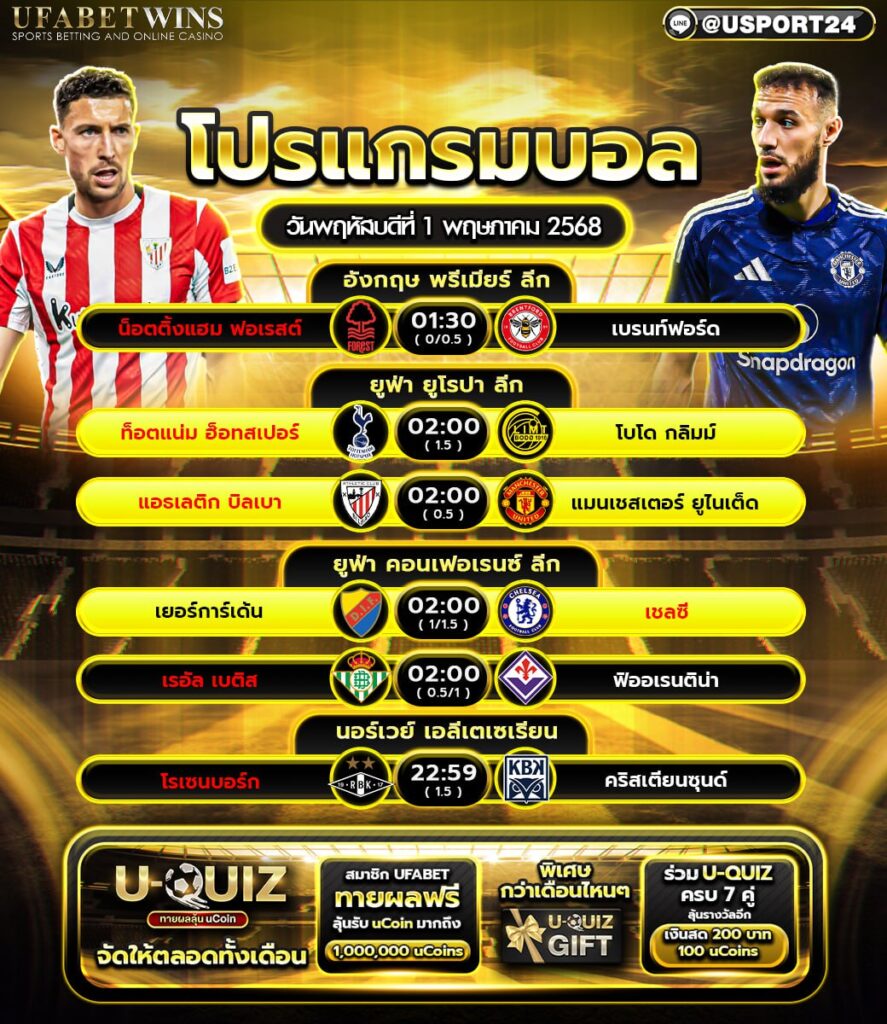 โปรแกรมบอลเเละทีเด็ดฟุตบอล ประจำวันที่ 1 พฤษภาคม 2568