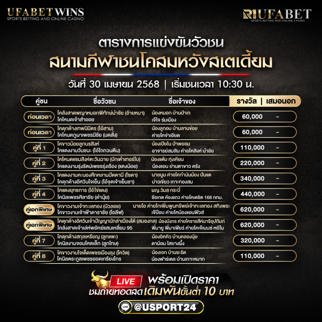 โปรเเกรมวัวชน ประจำวันที่ 30 เมษายน 2568 สนามกีฬาชนโคสมหวังสเตเดี้ยม