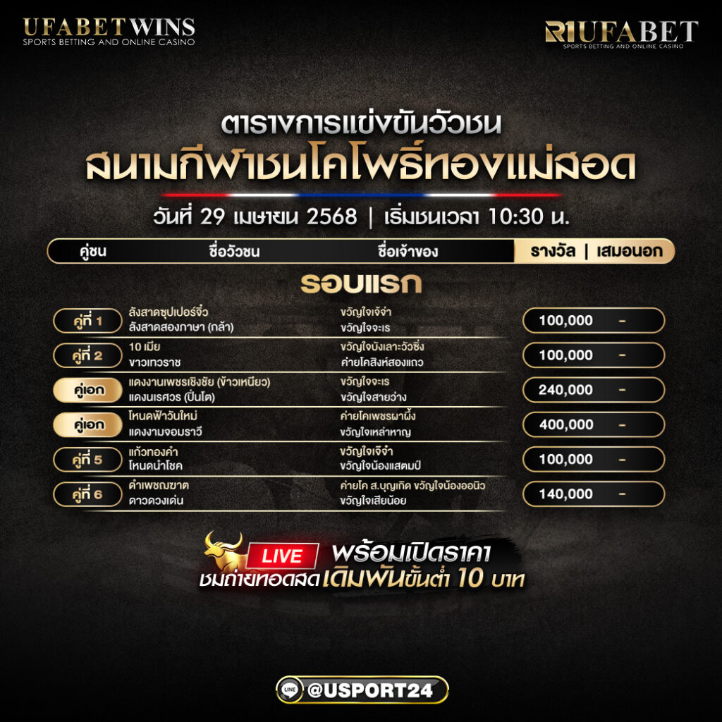 โปรเเกรมวัวชน ประจำวันที่ 29/04/68 สนามกีฬาชนโคโพธิ์ทองแม่สอด1
