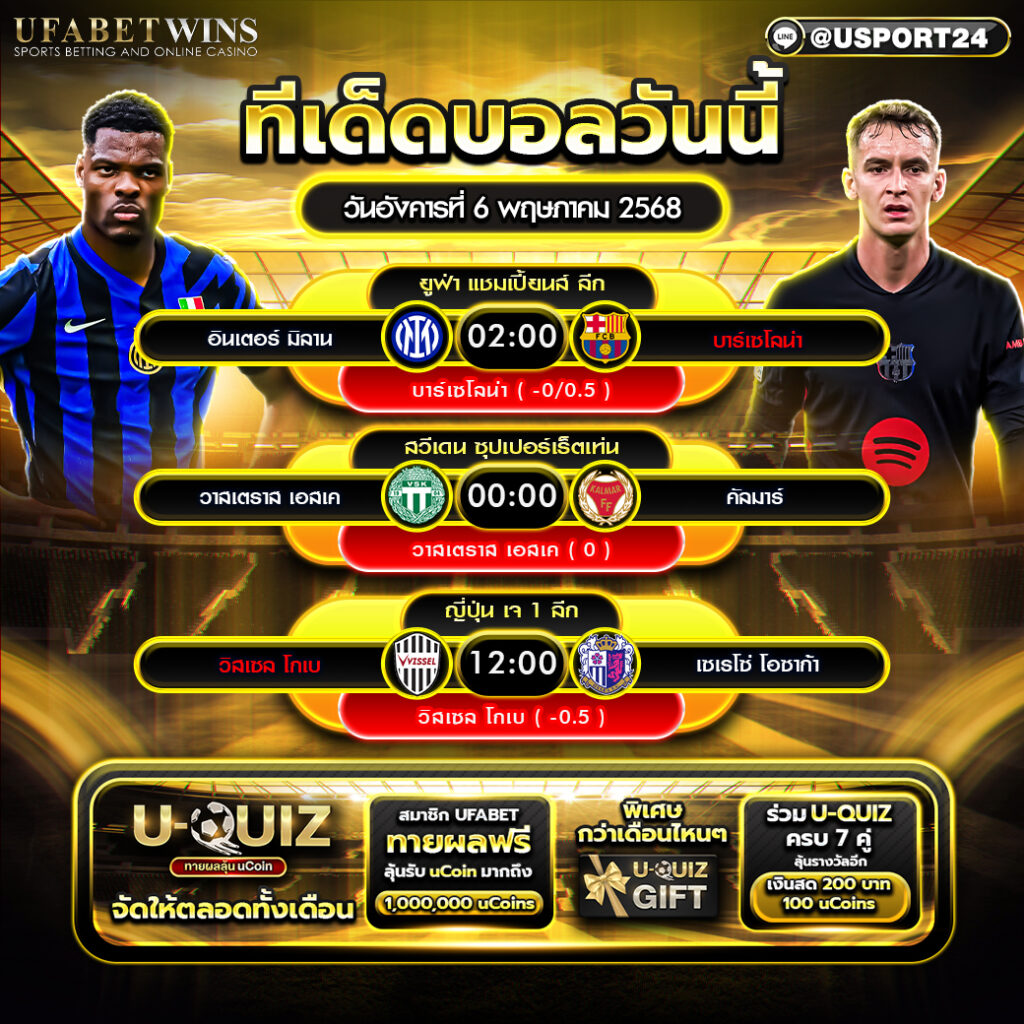 โปรแกรมบอล เเละทีเด็ดฟุตบอล ประจำวันที่ 6 พฤษภาคม 2568