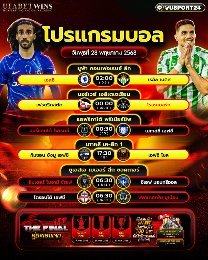 โปรแกรมบอล เเละทีเด็ดฟุตบอล ประจำวันที่ 28 พฤษภาคม 2568