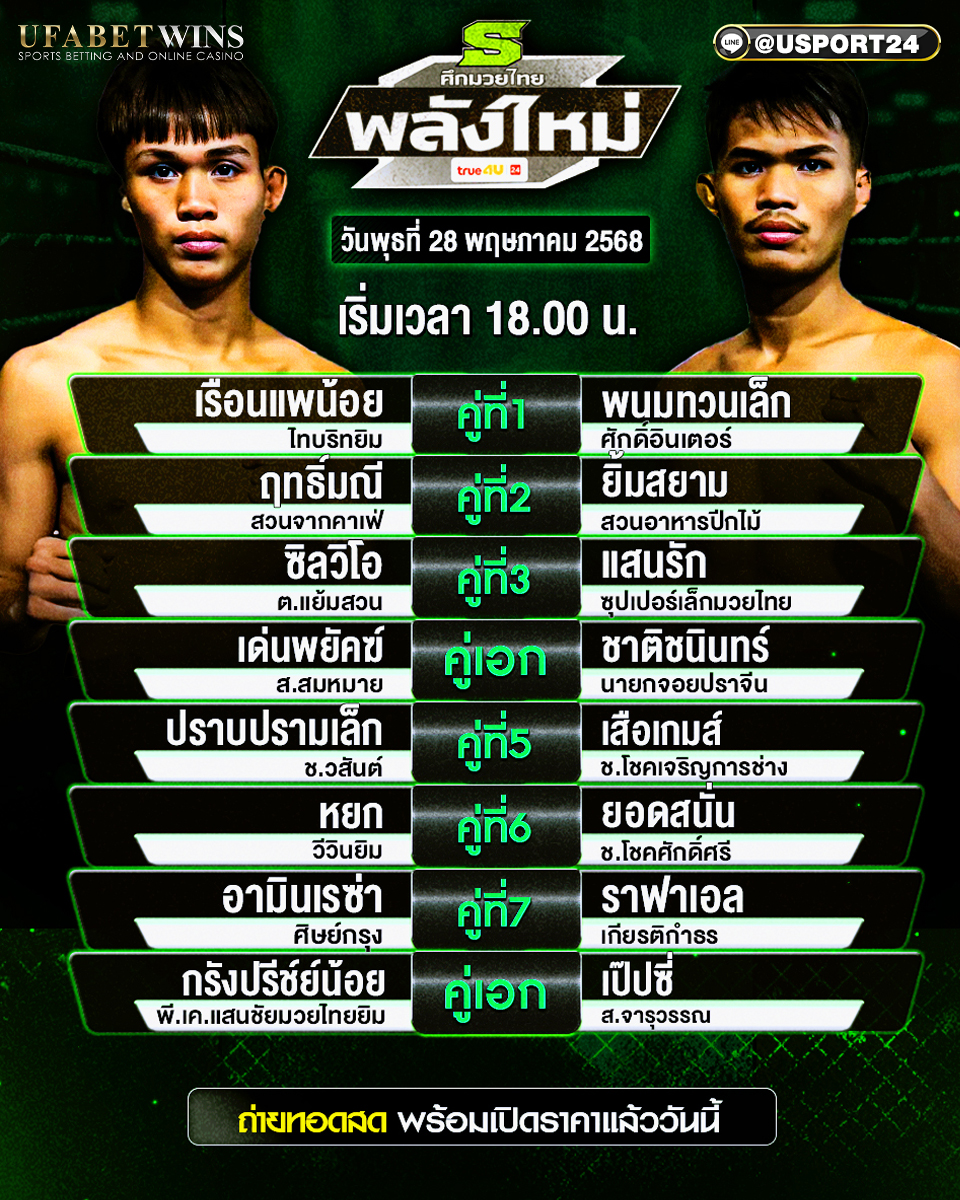 โปรแกรมมวย ประจำวันที่ 28 พฤษภาคม 2568 ศึกมวยไทยพลังใหม่