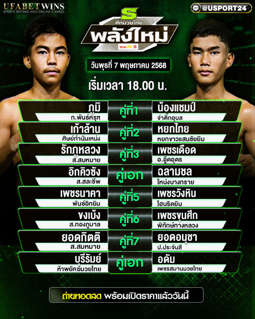 โปรแกรมมวย ประจำวันที่ 7 พฤษภาคม 25688 ศึกมวยไทยพลังใหม่