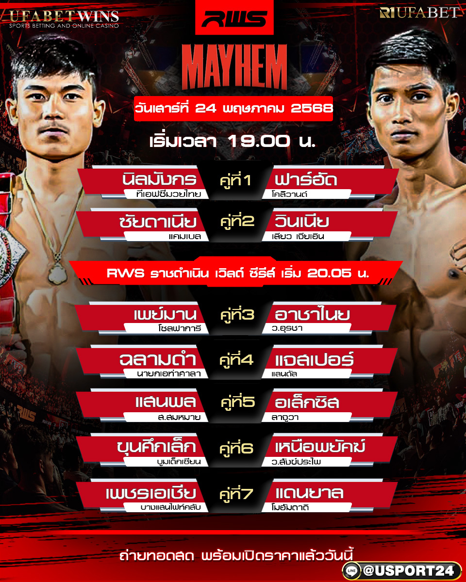 โปรแกรมมวย ประจำวันที่ 24 พฤษภาคม 2568 ศึกราชดำเนิน เวิลด์ ซีรี่