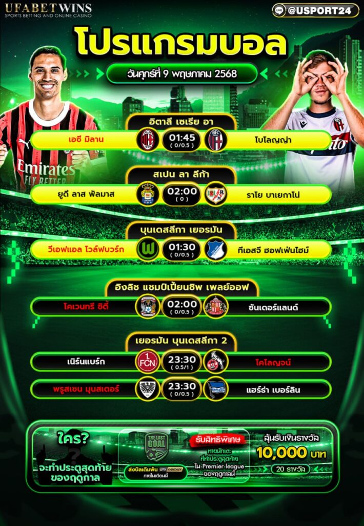 โปรแกรมบอล เเละทีเด็ดฟุตบอล ประจำวันที่ 9 พฤษภาคม 2568