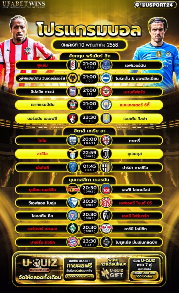 โปรแกรมบอล เเละทีเด็ดฟุตบอล ประจำวันที่ 10 พฤษภาคม 2568