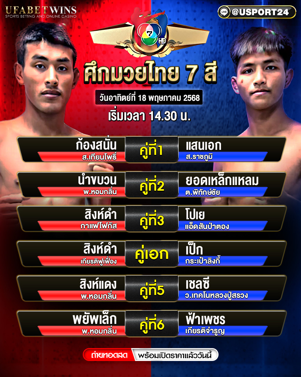 โปรแกรมมวย ประจำวันที่ 18 พฤษภาคม 2568 ศึกมวยไทย 7 สี