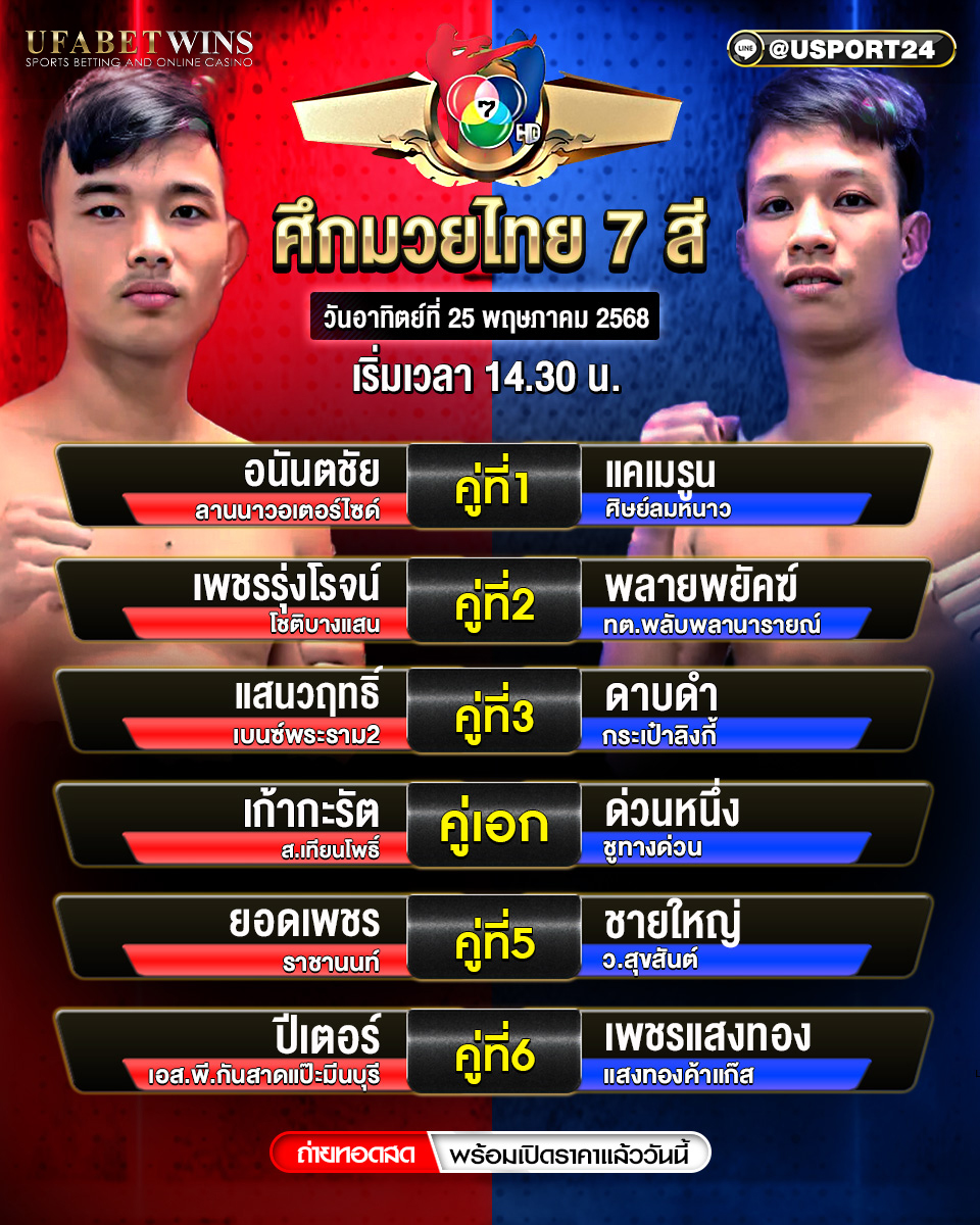 โปรแกรมมวย ประจำวันที่ 25 พฤษภาคม 2568 ศึกมวยไทย 7 สี
