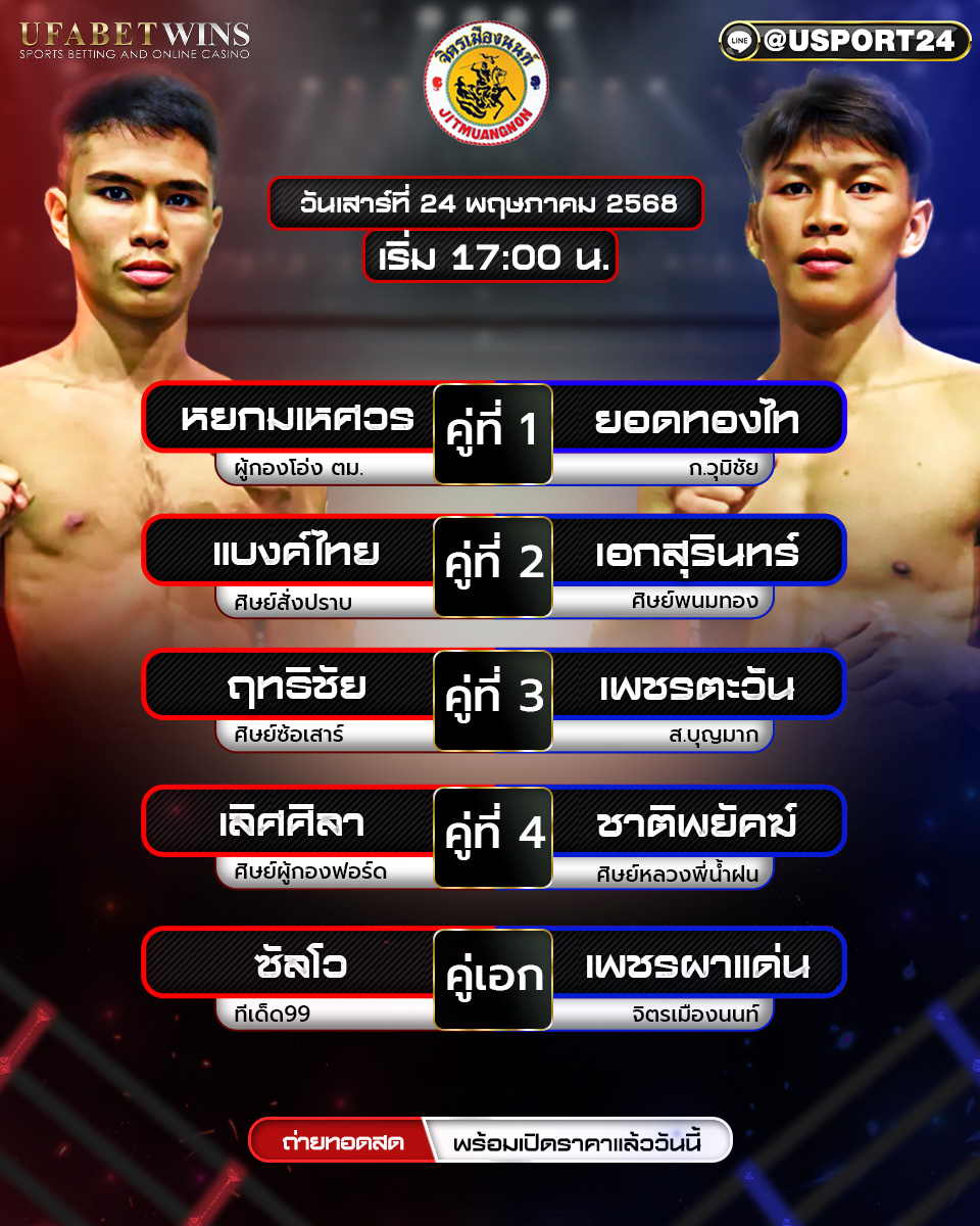 โปรแกรมมวย ประจำวันที่ 24 พฤษภาคม 2568 ศึกจิตรเมืองนนท์