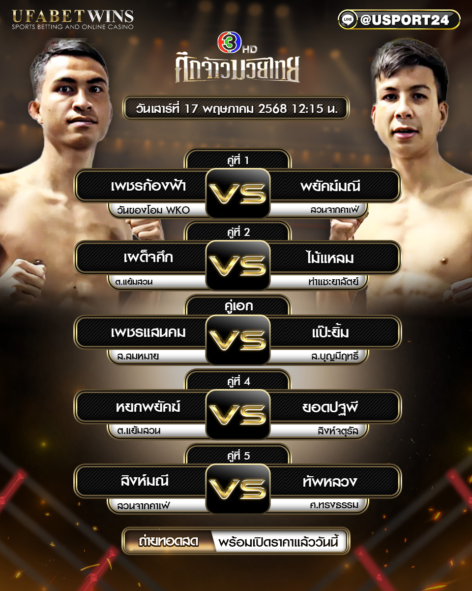 โปรแกรมมวย ประจำวันที่ 17 พฤษภาคม 2568 ศึกจ้าวมวยไทย