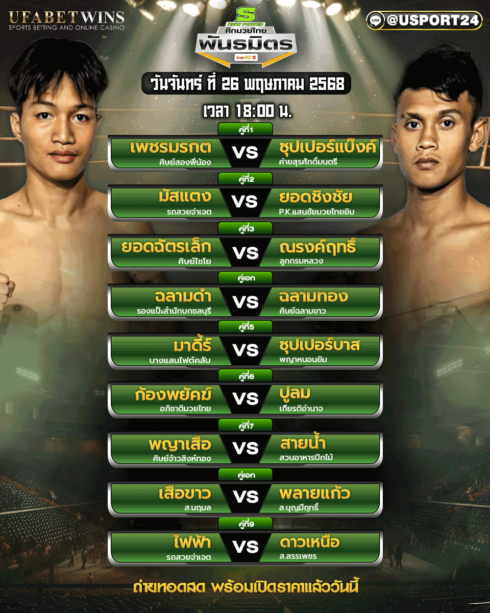 โปรแกรมมวย ประจำวันที่ 26 พฤษภาคม 2568 ศึกมวยไทยพันธมิตร