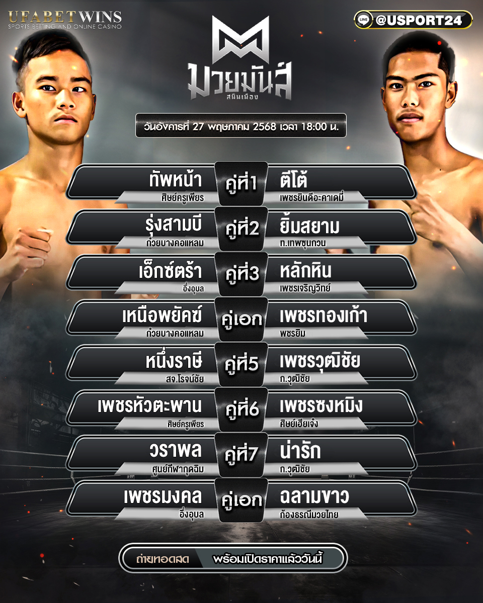 โปรแกรมมวย ประจำวันที่ 27 พฤษภาคม 2568 ศึกมวยมันส์สนั่นเมือง 
