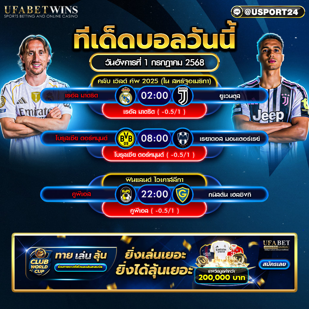โปรแกรมบอล เเละทีเด็ดฟุตบอล ประจำวันที่ 1 กรกฎาคม 2568