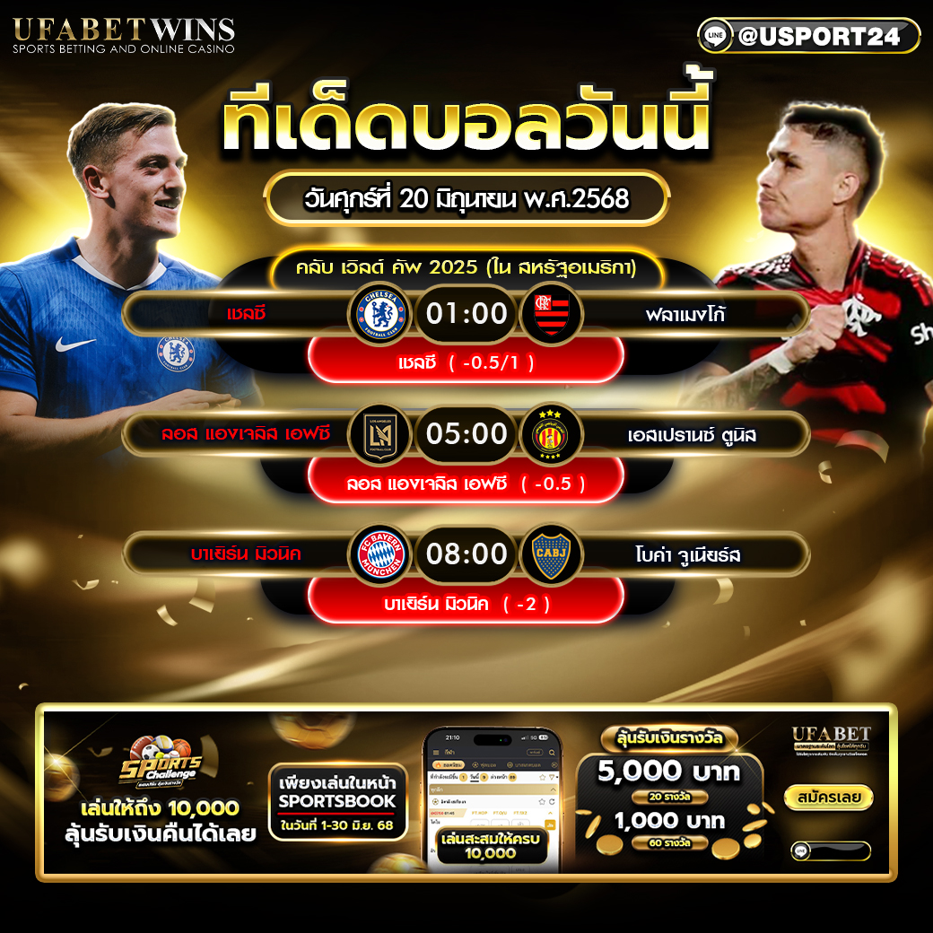 โปรแกรมบอล เเละทีเด็ดฟุตบอล ประจำวันที่ 20 มิถุนายน 2568