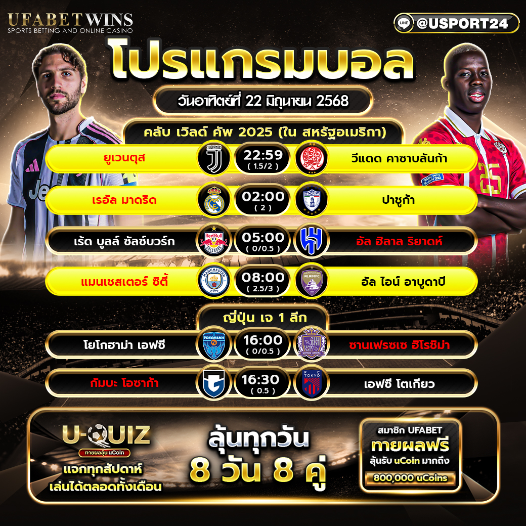 โปรแกรมบอล เเละทีเด็ดฟุตบอล ประจำวันที่ 22 มิถุนายน 2568