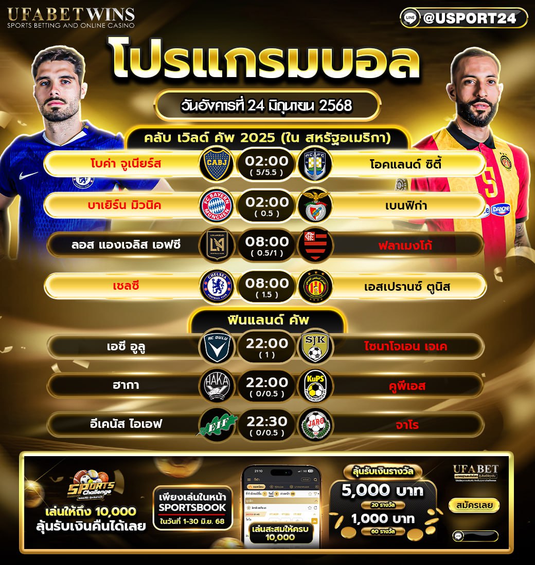 โปรแกรมบอล เเละทีเด็ดฟุตบอล ประจำวันที่ 24 มิถุนายน 2568