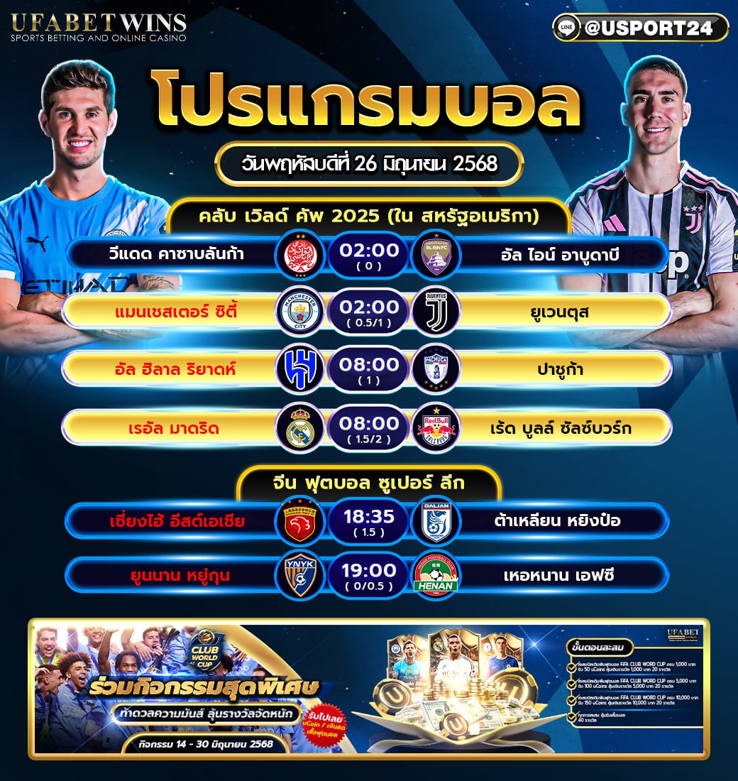 โปรแกรมบอล เเละทีเด็ดฟุตบอล ประจำวันที่ 26 มิถุนายน 2568