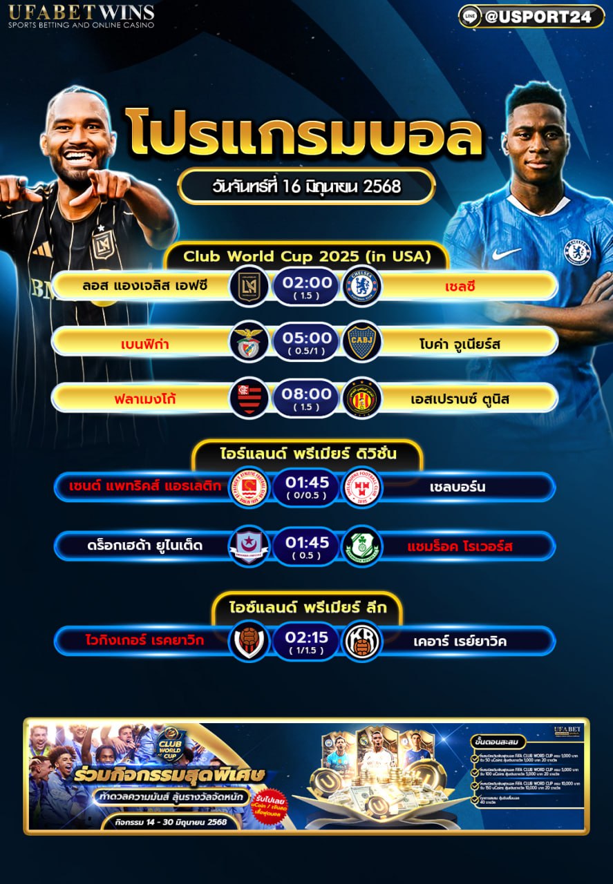 โปรแกรมบอล เเละทีเด็ดฟุตบอล ประจำวันที่ 16 มิถุนายน 2568