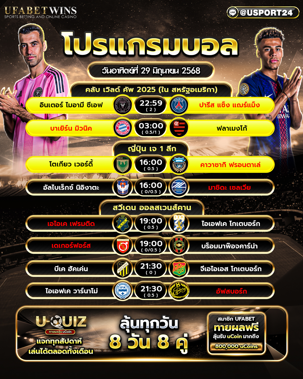 โปรแกรมบอล เเละทีเด็ดฟุตบอล ประจำวันที่ 29 มิถุนายน 2568