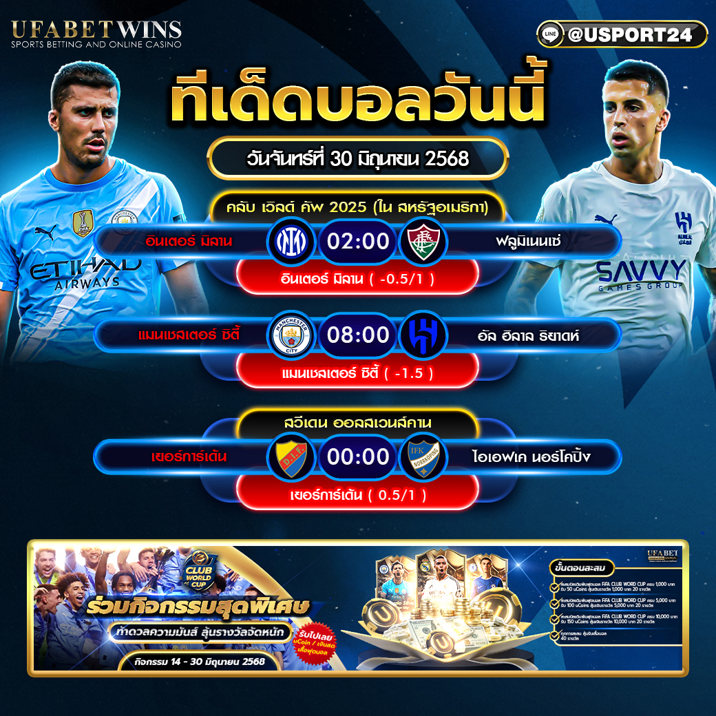 โปรแกรมบอล เเละทีเด็ดฟุตบอล ประจำวันที่ 30 มิถุนายน 2568